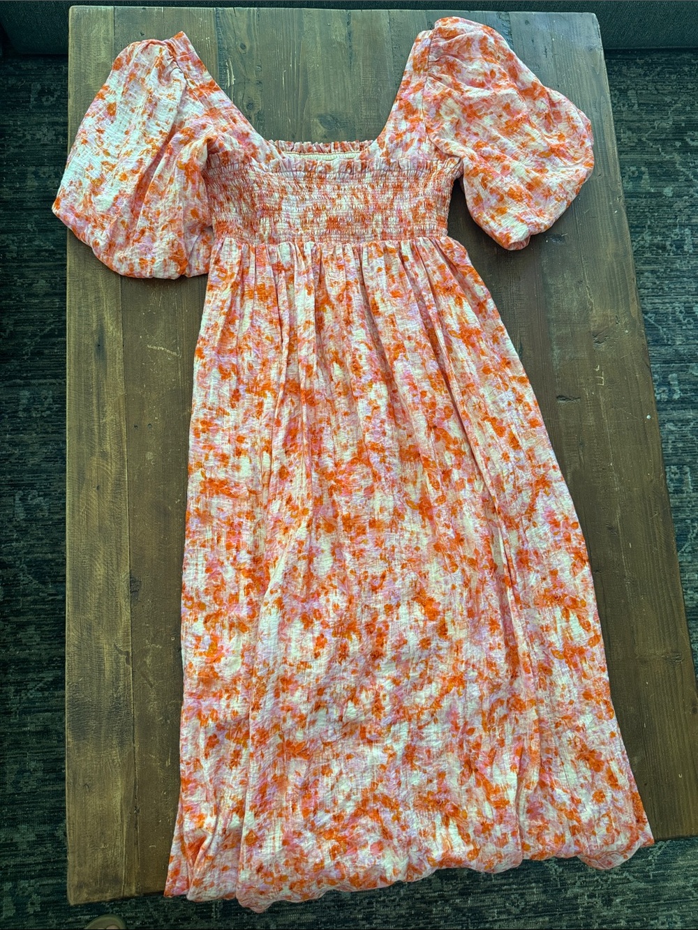 Anthropologie Pink and Orange Watercolor Smocked Midi Dress size Medium